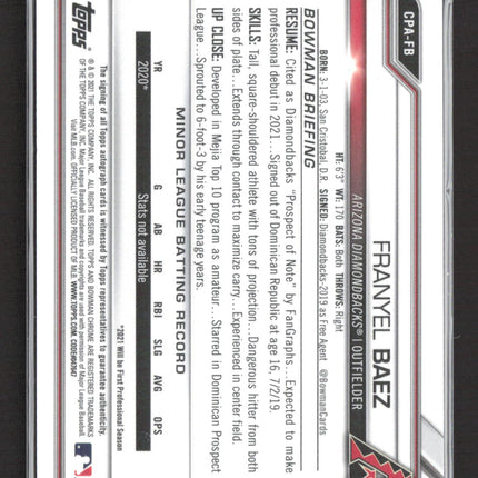 2021 Bowman Chrome Franyel Baez #CPA-FB Purple Refractor 1st Bowman 066/250 Auto