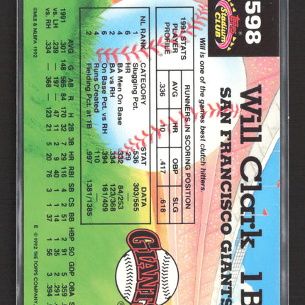 1992 Topps Stadium Club Will Clark #598 Members Choice