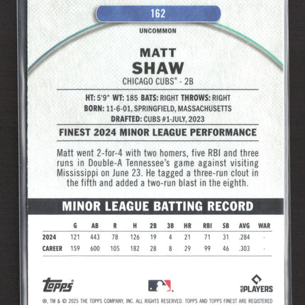 2024 Topps Finest Matt Shaw #162 Blue Refractor RC 019/150