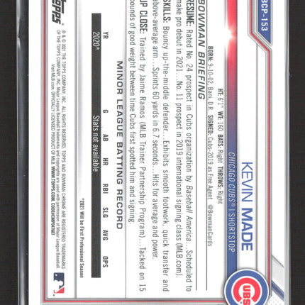 2021 Bowman Chrome Kevin Made #BCP-153 Blue Refractor 064/150