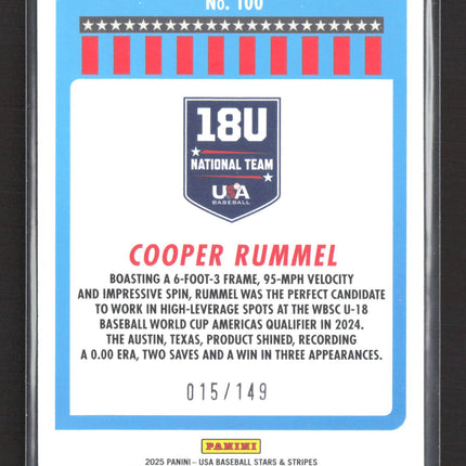 2025 Panini USA Baseball Stars & Stripes Cooper Rummel #100 Blue Prizm 015/149
