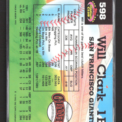 1992 Topps Stadium Club Will Clark #598 Members Choice