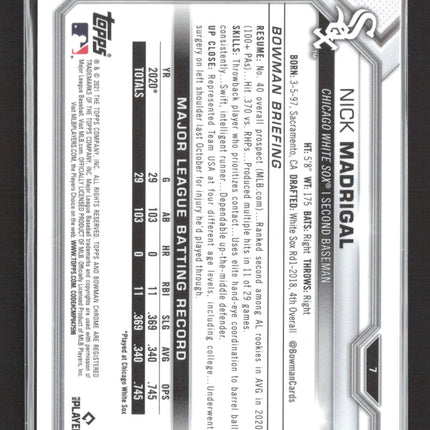 2021 Bowman Chrome Nick Madrigal #7 Green Refractor 17/99