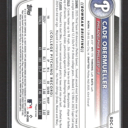 2025 Bowman Chrome Cade Obermueller #BDC-80 Blue Sapphire Refractor