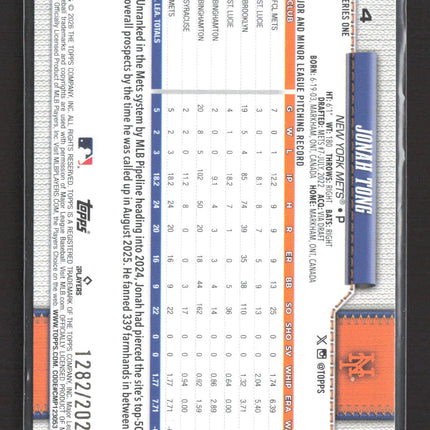 2026 Topps Series One Jonah Tong #4 Gold RC /2026