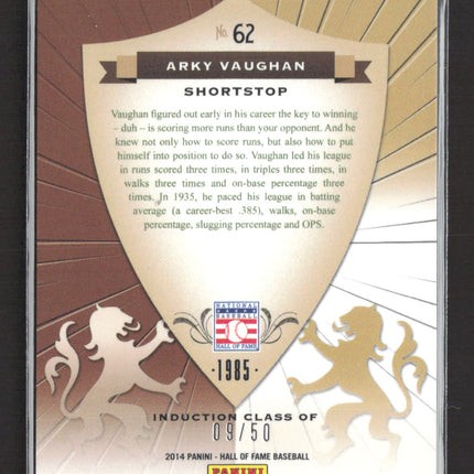 2014 Panini Hall of Fame Baseball Crusade Arky Vaughan #62 Purple Gold 09/50