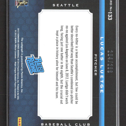 2012 Panini Signature Series Lucas Luetge #133 Rated Rookie Patch 204/299 Auto