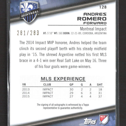 2016 Topps MLS Andrés Romero #128 281/283 Auto