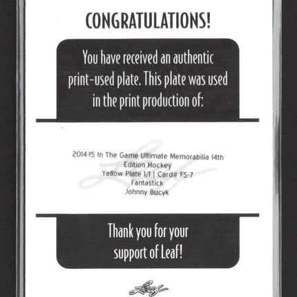 2014 In The Game Ultimate Memorabilia Johnny Bucyk Yellow Printing Plate 1/1