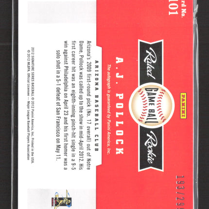 2012 Panini Signature Series A.J. Pollock #101 Game Ball Signature 193/299 auto