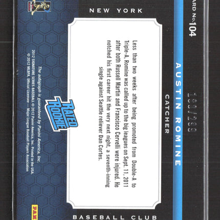 2012 Panini Signature Series Austin Romine #104 Rated Rookie Patch 180/289 auto