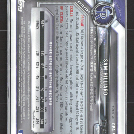 2018 Bowman Chrome Sam Hilliard #CPA-SHI Refractor 1st Bowman auto