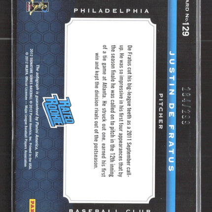 2012 Panini Signature Series Justin De Fratus #129 Rated Rookie Patch Auto