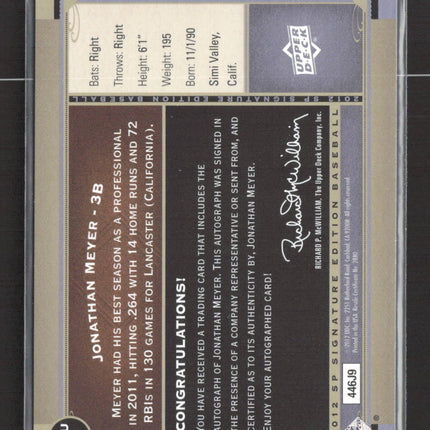 2012 Upper Deck SP Signature Edition Baseball Jonathan Meyer #446J9 auto