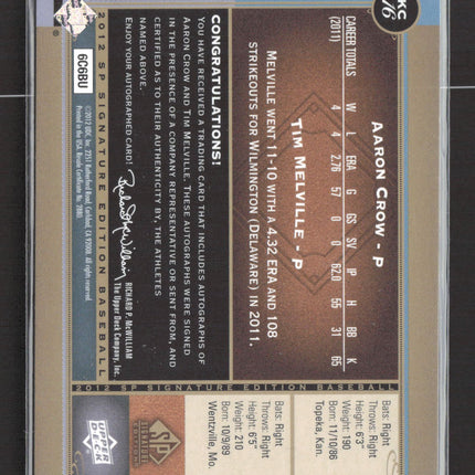 2012 Upper Deck SP Signature Edition Aaron Crow Tim Melville #KC-16 Auto