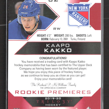 2020 Upper Deck Trilogy Rookie Premieres Kaapo Kakko #82 Level Jersey 190/499