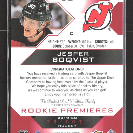 2020 Upper Deck Trilogy Rookie Premieres Jesper Boqvist #60 Level Jersey 301/499
