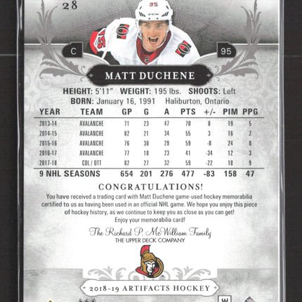 2018 Upper Deck Artifacts Matt Duchenne #28 Game-used Jersey 160/165