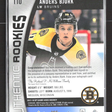 2018 Upper Deck SP Game Used Authentic Rookies Anders Bjork #110 Auto