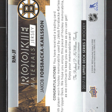 2018 Upper Deck Series 2 Rookie Materials Jakob Forsbacka-Karlsson #RM-JF Jersey