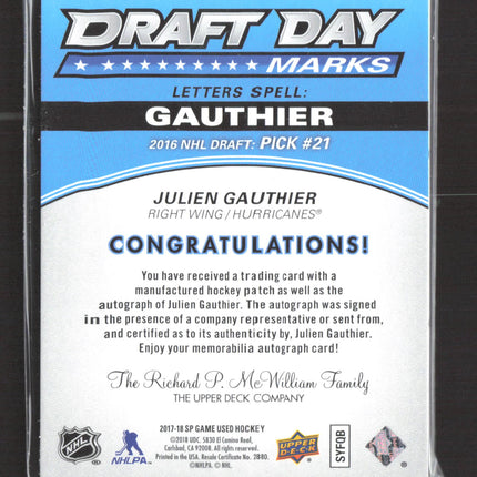 2018 UD SP Game Used Draft Day Marks Julien Gauthier #DDM-GA Auto Patch /35