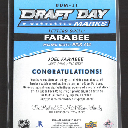 2020 Upper Deck SP Game Used Draft Day Marks Joel Farabee #DDM-JF Auto Patch /35