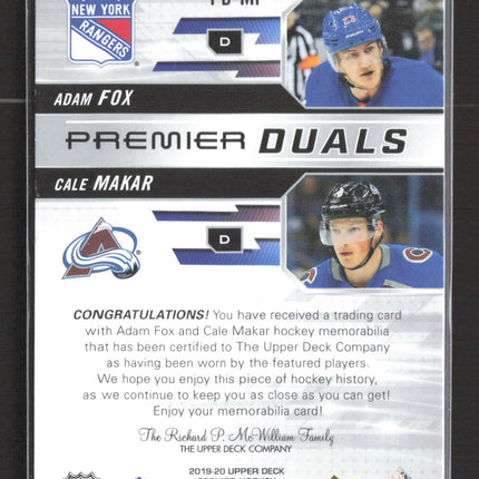 2020 Upper Deck Premier Duals Adam Fox Cale Makar #PD-MF Jersey Patch 76/99