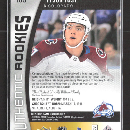 2018 Upper Deck SP Game Used Authentic Rookies Tyson Jost #165 089/399 Jersey