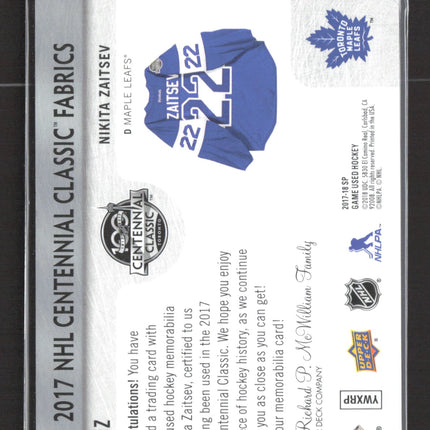 2018 SP Game Used NHL Centennial Classic Fabrics Nikita Zaitsev #CC-NZ Jersey