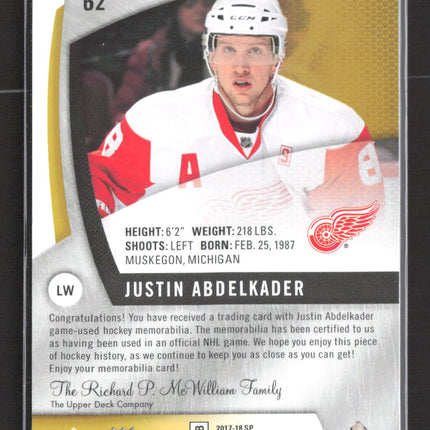 2018 Upper Deck SP Game Used Edition Justin Abdelkader #62 Game-Used Jersey