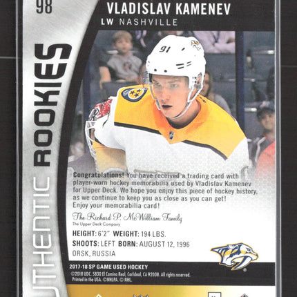2018 Upper Deck SP Game Used Authentic Rookies Vladislav Kamenev #98 /399 Jersey