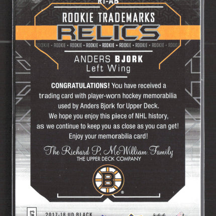 2018 Upper Deck Black Rookie Trademarks Relics Anders Bjork #RT-AB Jersey /299