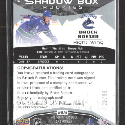 2018 Upper Deck SPx Shadow Box Rookies Brock Boeser #45 25/98 Auto