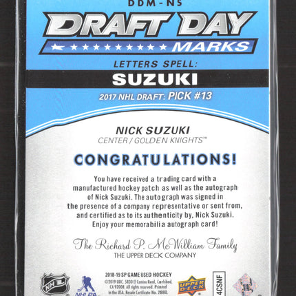 2019 UD SP Game Used Hockey Draft Day Marks Nick Suzuki #DDM-NS Patch Auto /35