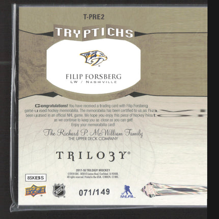 2018 Upper Deck Trilogy Tryptichs Filip Forsberg #T-PRE2 Jersey /149