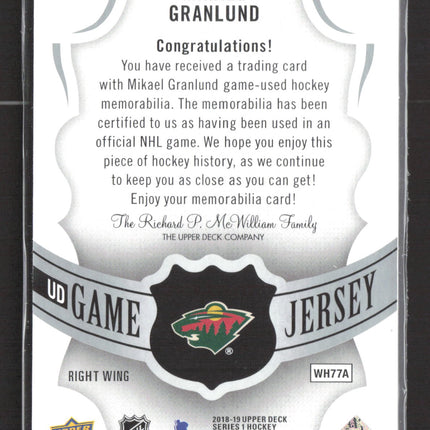 2018 Upper Deck Series 1 UD Game Jersey Mikael Granlund #GJ-MG Jersey