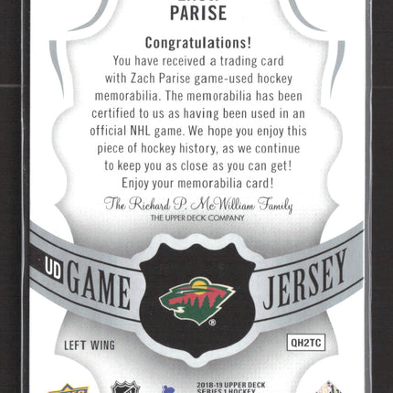 2018 Upper Deck Series 1 UD Game Jersey Zach Parise #GJ-ZP Jersey