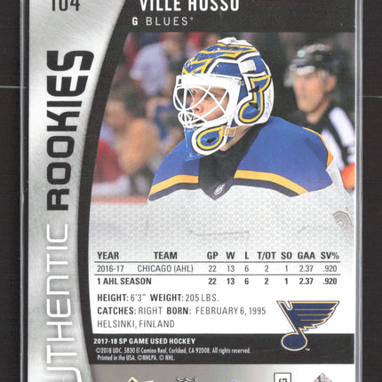 2018 Upper Deck SP Game Used Authentic Rookies Ville Husso #104 087/222