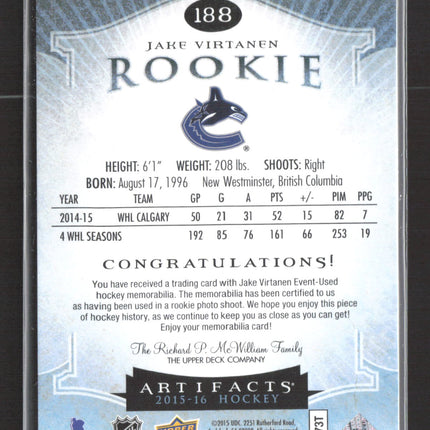 2015 Upper Deck Artifacts Jake Virtanen #188 Dual Jersey 085/399