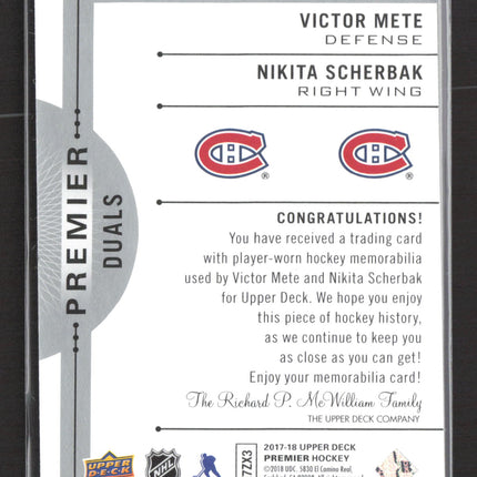 2018 Upper Deck Premier Duals Victor Mete Nikita Scherbak #PD2-MS 78/99 Jersey
