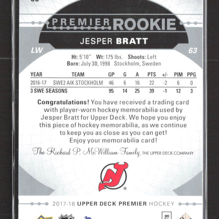 2017 Upper Deck Premier Jesper Bratt #55 Memorabilia Jersey