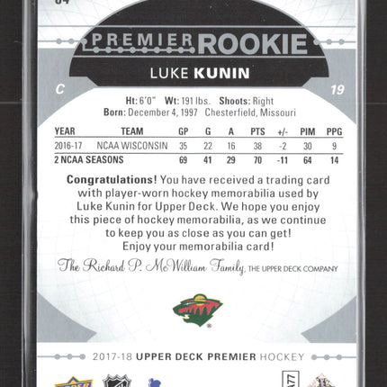 2018 Upper Deck Premier Luke Kunin #84 Memorabilia Jersey