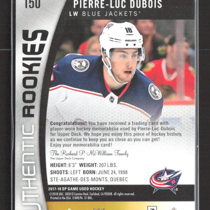 2018 UD SP Game Used Authentic Rookies Pierre-Luc Dubois #150 387/399 Jersey