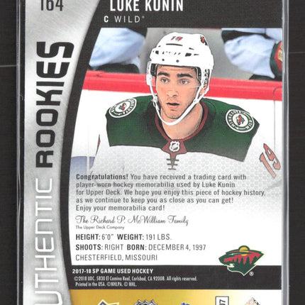 2018 Upper Deck SP Game Used Authentic Rookies Luke Kunin #164 309/399 Jersey