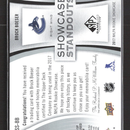 2020 Upper Deck SP Game Used Showcase Standouts Brock Boeser #SS-BB Jersey