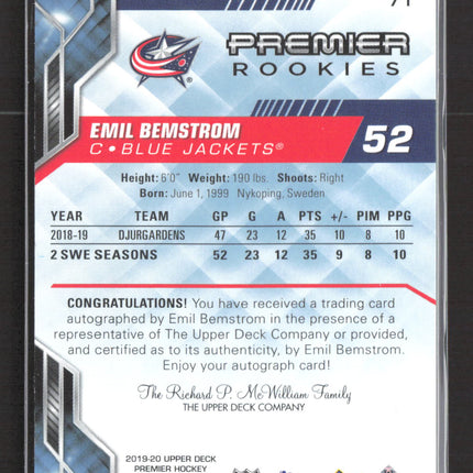 2020 Upper Deck Premier Hockey Emil Bemstrom #71 Auto