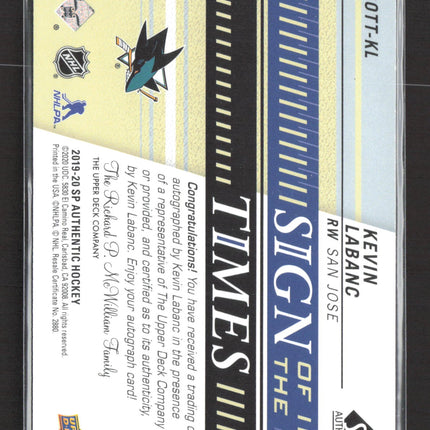 2020 Upper Deck SP Authentic Sign of the Times Kevin Labanc #SOTT-KL Auto