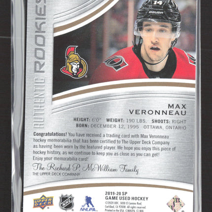 2020 Upper Deck SP Game Used Hockey Max Veronneau #104 082/599 Game-Used Jersey