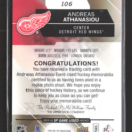 2016 UD SP Game Used Authentic Rookies Andreas Athanasiou #106 93/99 Jersey