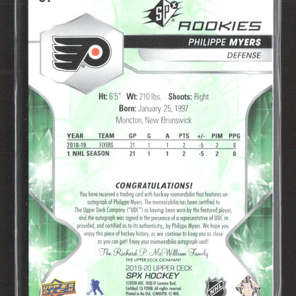 2020 Upper Deck SPx Hockey Philippe Myers #61 Patch 13/85 Auto